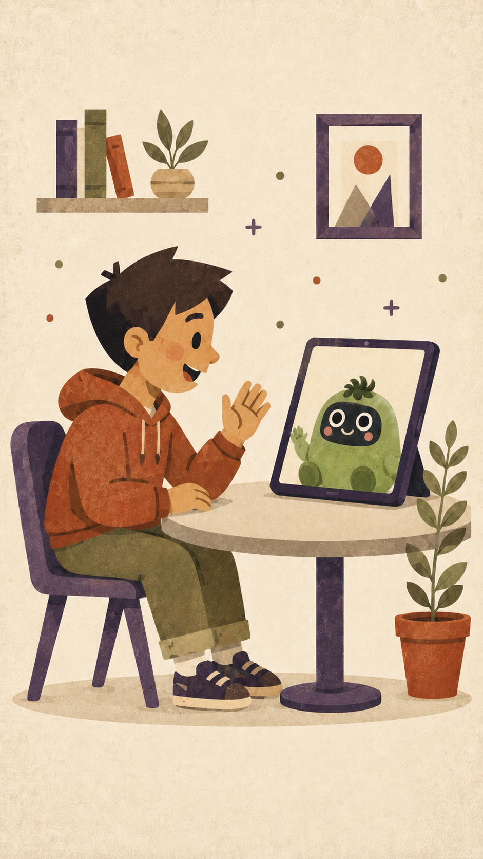 A child sitting on a sofa, smiling and talking to Tomo on a tablet screen