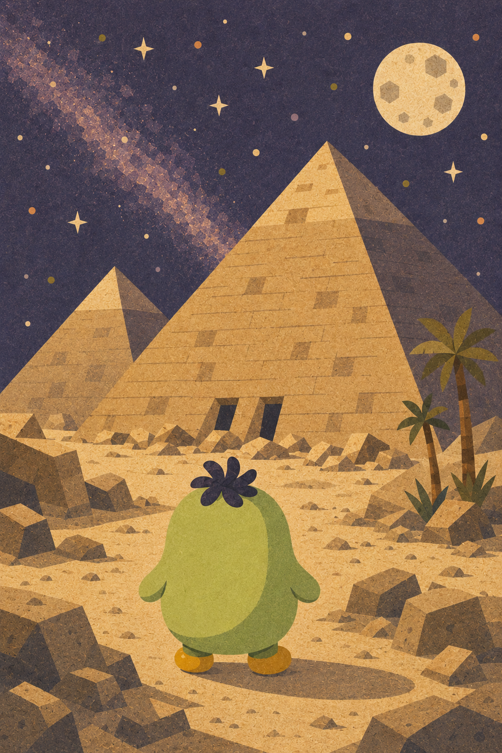 Tomo standing in front of the pyramids of Giza at night