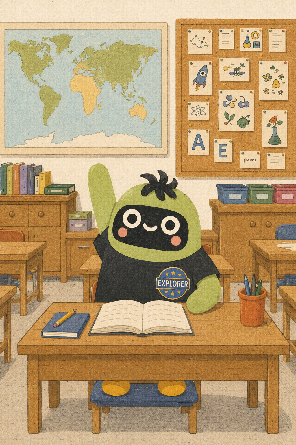 Tomo raising his hand in a bright classroom