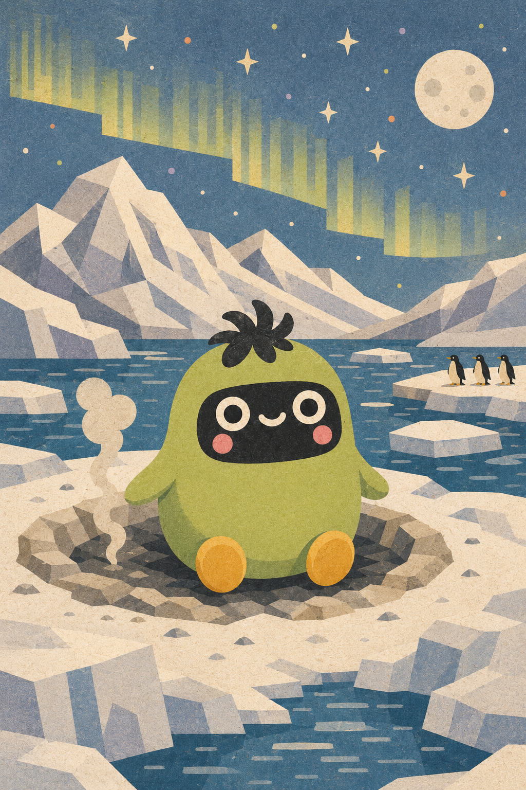 Tomo sitting on an arctic ice floe under the aurora