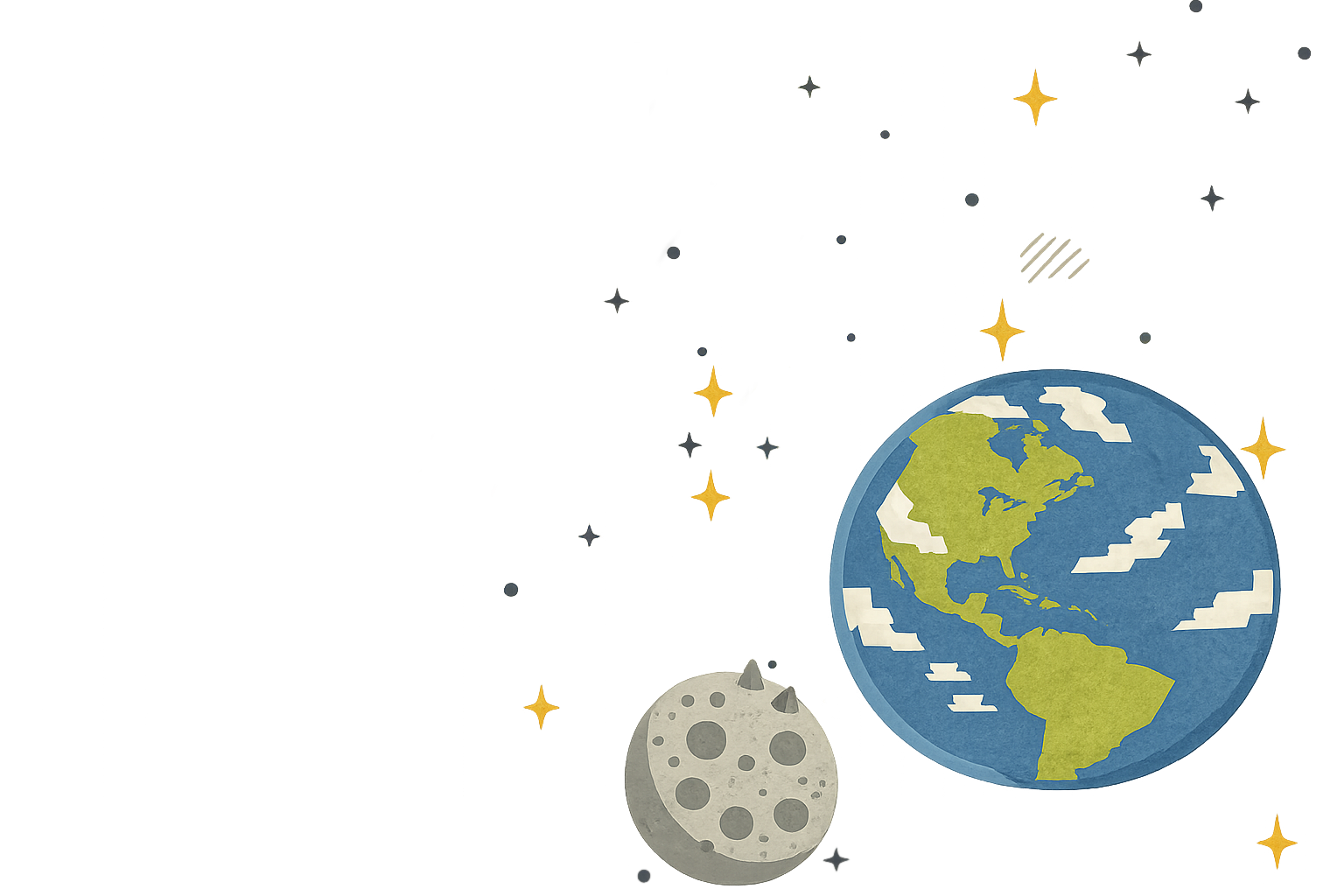Tomo flying through space with a rocket trail, past the moon and Earth