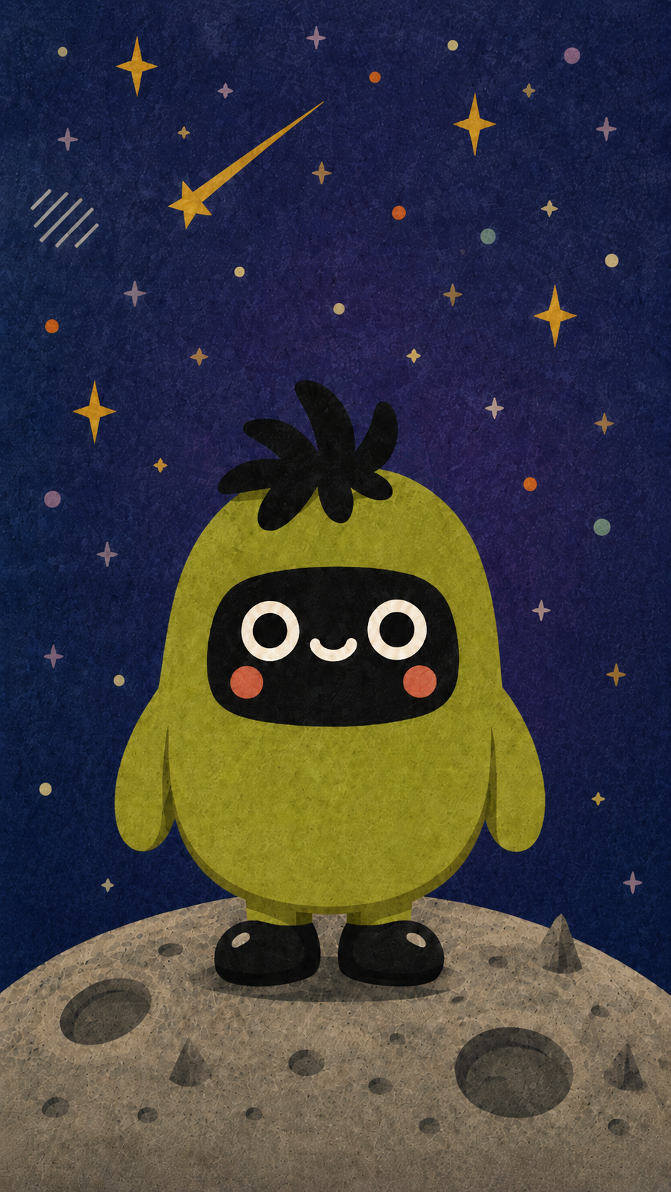 Tomo flying through space past Earth and the Moon, with a rocket trail behind him